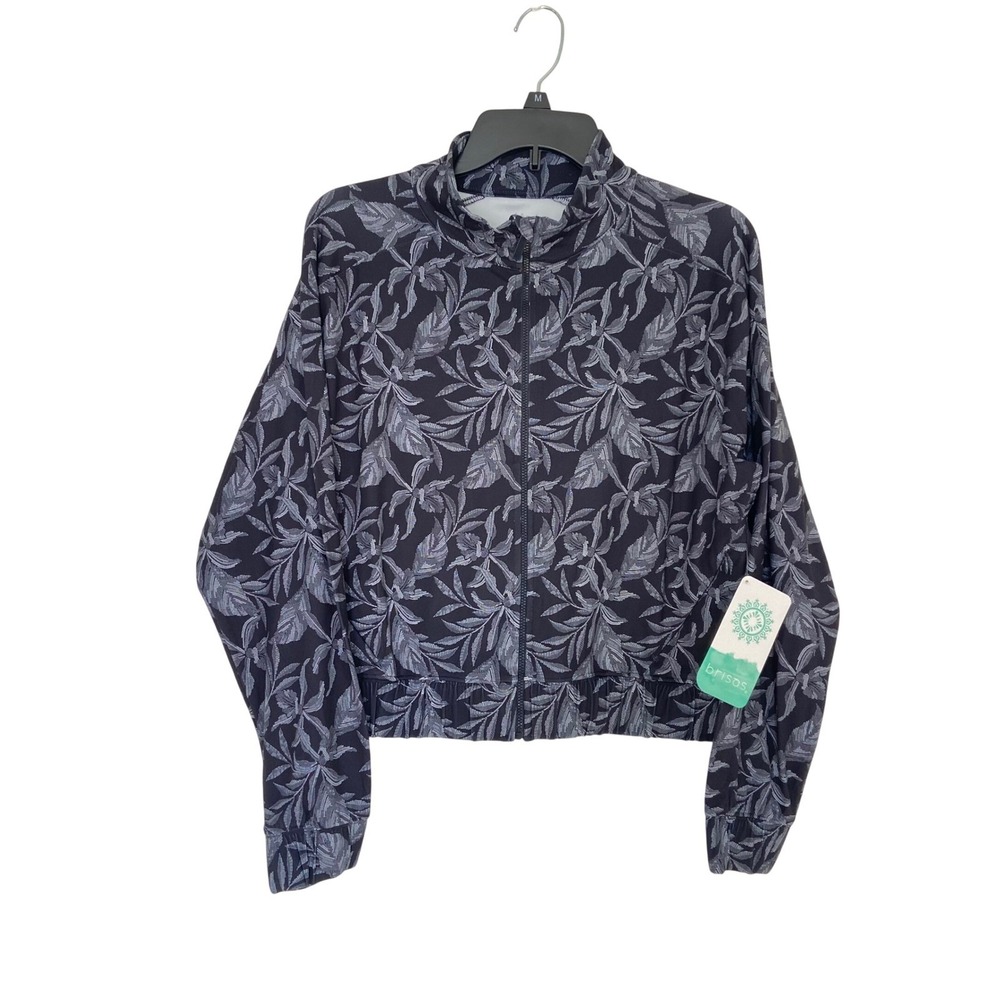 3/$25 Brisas Womens Athleisure Soft Full Zip Tropical Leaf Jacket Black White